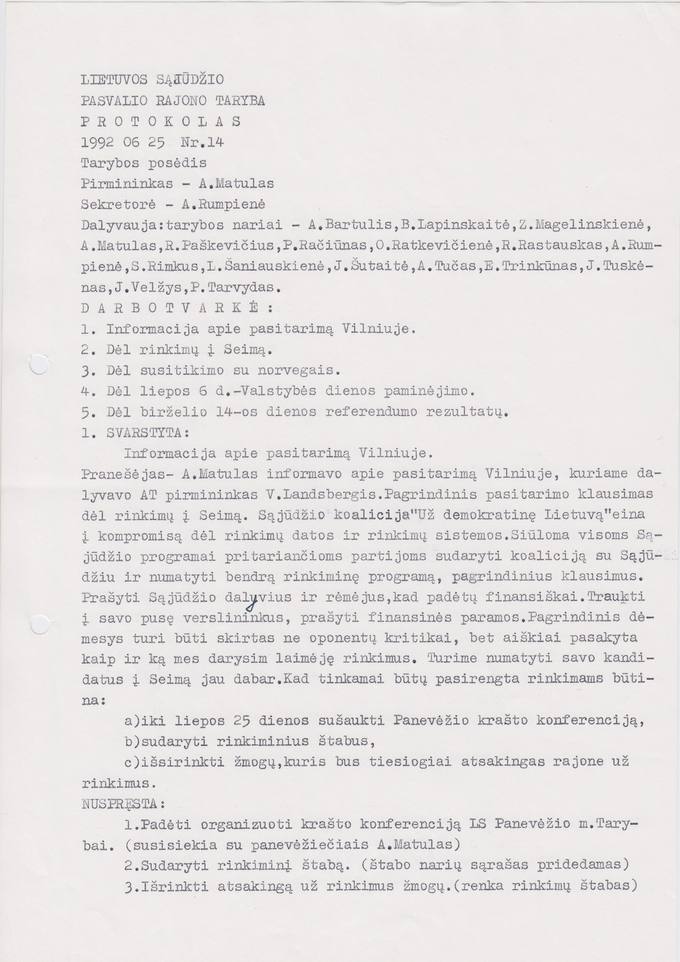 Lietuvos Sajūdžio Pasvalio rajono Tarybos 1992 m. birželio 25 d. posėdžio PROTOKOLAS Nr. 14